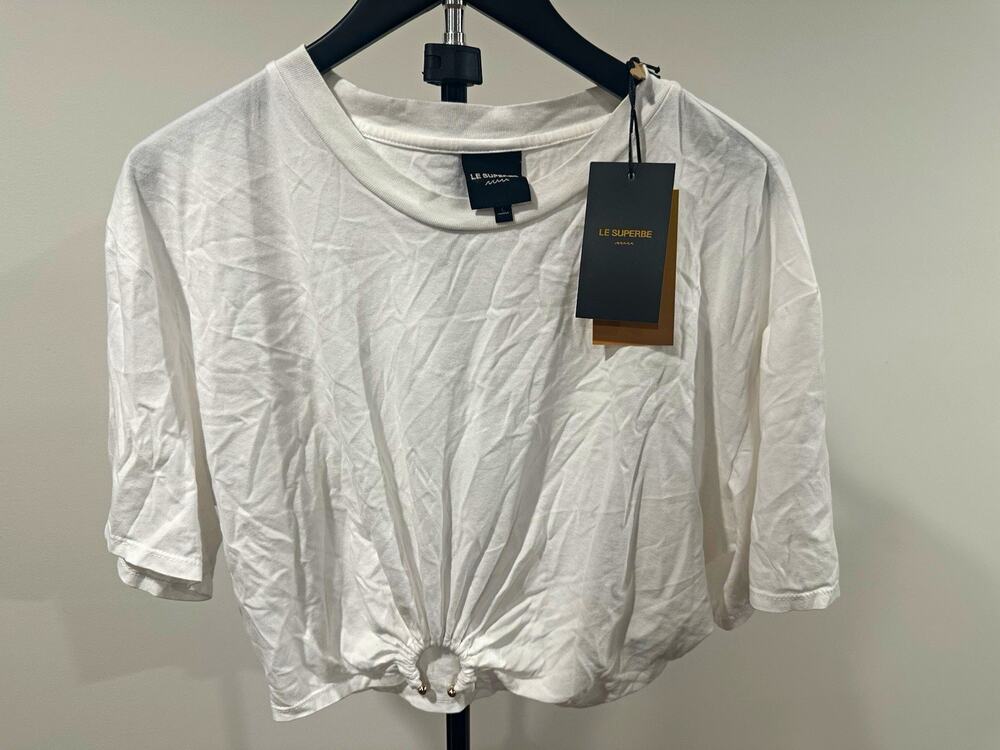 Le Superbe White Solid Knit Cropped Crew Neck 3/4 Sleeve Top Size L